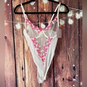 Bed Of Roses Sheer White and Pink Heart Bodysuit NWT Size S